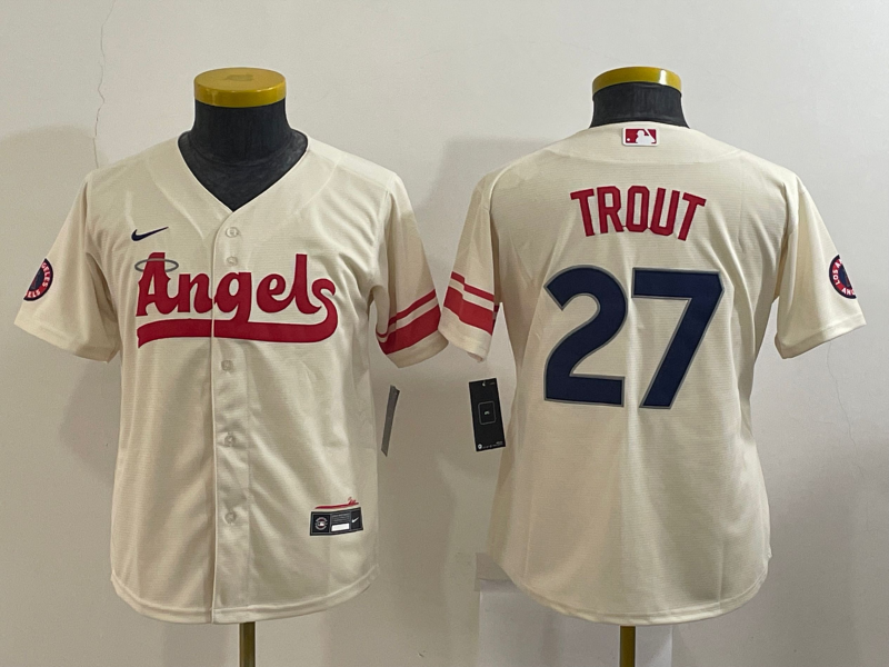 Kids Los Angeles Angels TROUT #27 Cream MLB Jersey