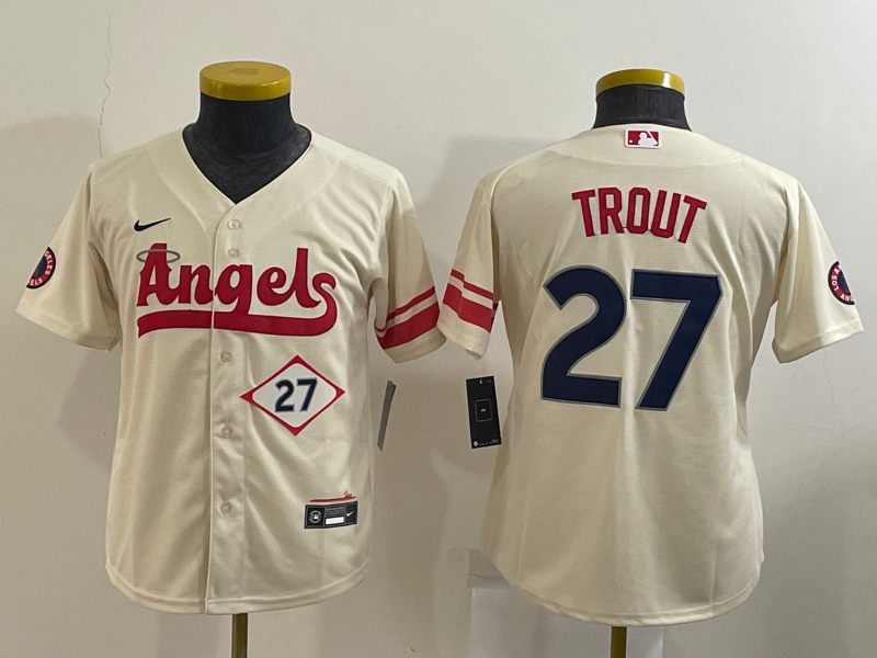Kids Los Angeles Angels TROUT #27 Cream MLB Jersey 02
