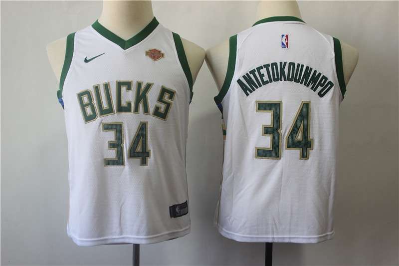 Milwaukee Bucks #34 ANTETOKOUNMPO White Youth Basketball Jersey (Stitched)