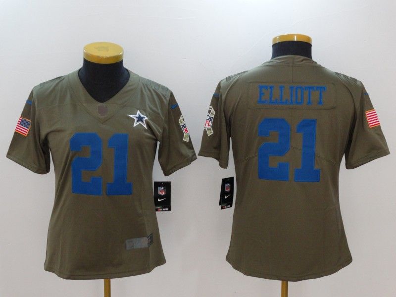 Dallas Cowboys ELLIOTT #21 Olive Salute To Service Women NFL Jersey 03