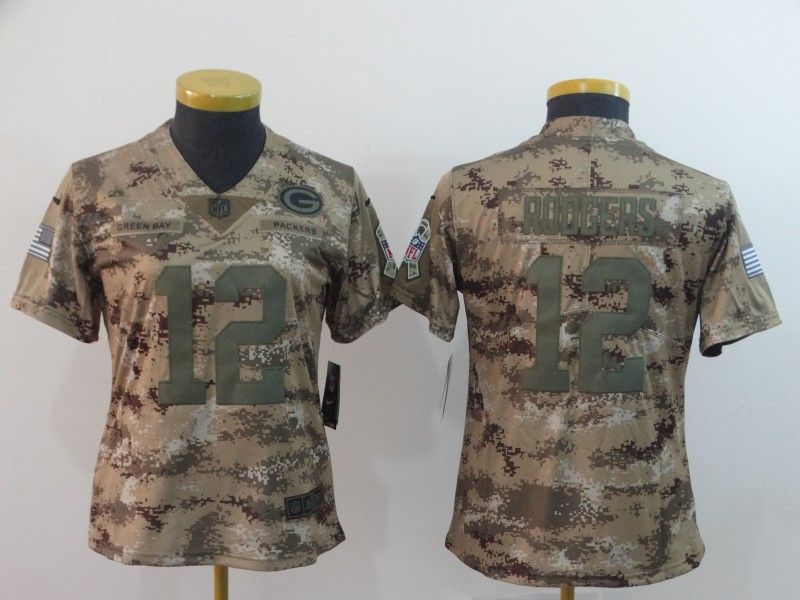 Green Bay Packers RODGERS #12 Olive Salute To Service Women NFL Jersey 02