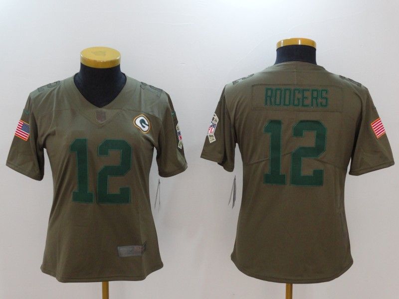 Green Bay Packers RODGERS #12 Olive Salute To Service Women NFL Jersey 03
