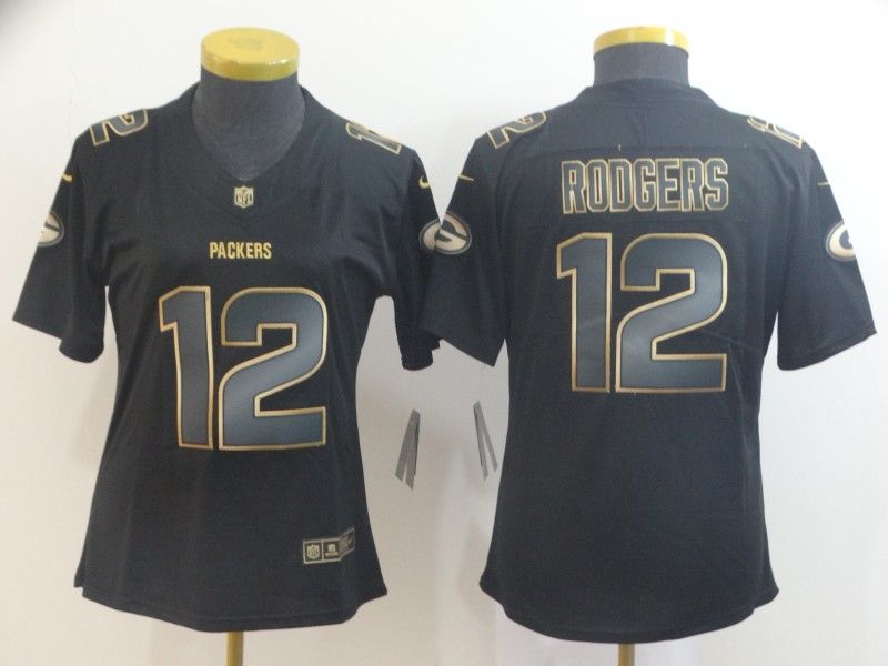 Green Bay Packers RODGERS #12 Black Gold Vapor Limited Women NFL Jersey
