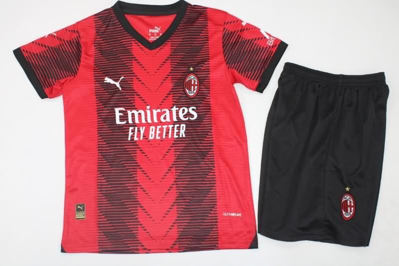 23/24 AC Milan Home Kids Soccer Jersey And Shorts
