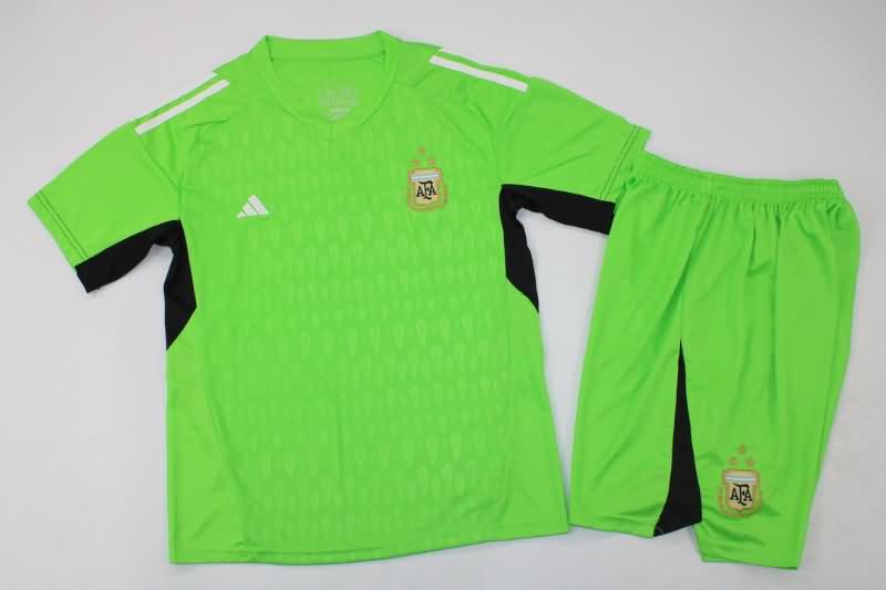 2022 Argentina Goalkeeper Green 3 Stars Kids Soccer Jersey And Shorts