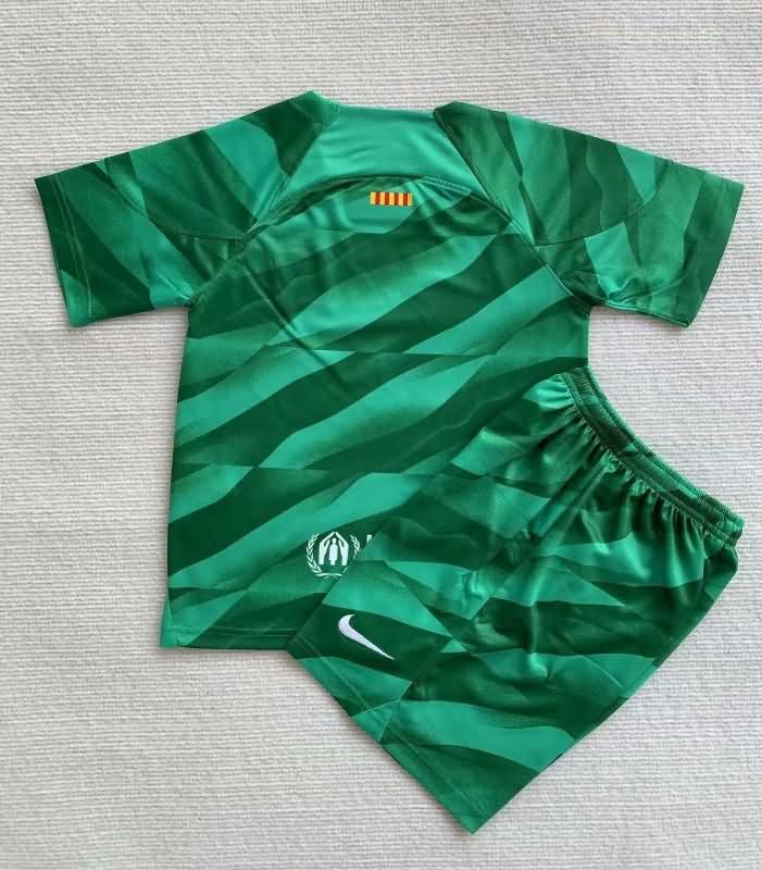 23/24 Barcelona Goalkeeper Green Kids Soccer Jersey And Shorts Leaked