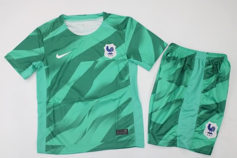 2023 France Goalkeeper Green Kids Soccer Jersey And Shorts