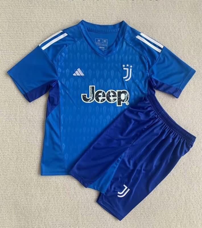 23/24 Juventus Goalkeeper Blue Kids Soccer Jersey And Shorts