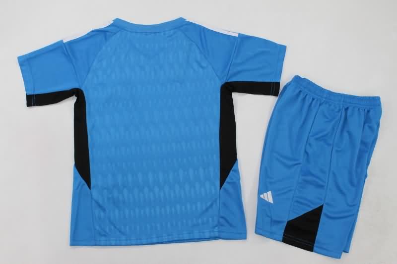 23/24 Real Madrid Goalkeeper Blue Kids Soccer Jersey And Shorts