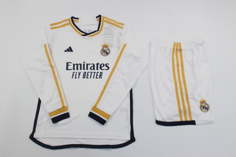 23/24 Real Madrid Home Long Sleeve Kids Soccer Jersey And Shorts