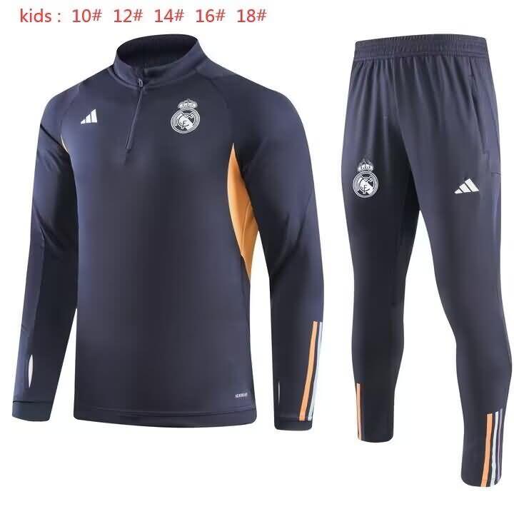 Kids - Thailand Quality(AAA) 23/24 Real Madrid Dark Blue Soccer Tracksuit 02