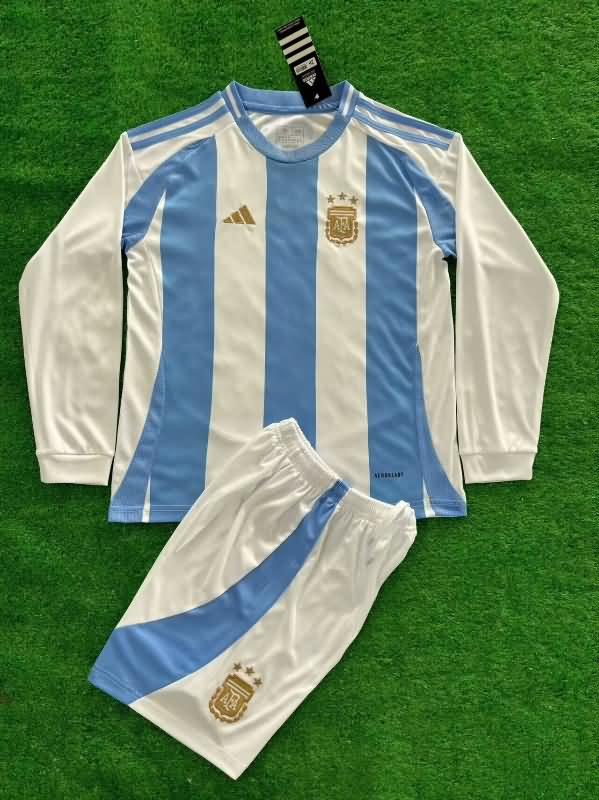 2024 Argentina Copa America Home Long Sleeve Kids Soccer Jersey And Shorts