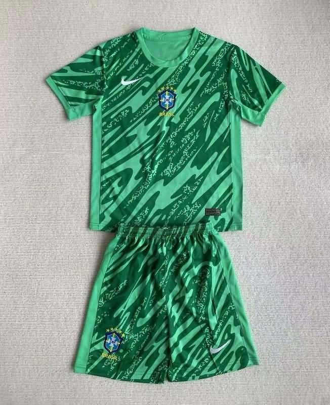 2024 Brazil Copa America Goalkeeper Green Kids Soccer Jersey And Shorts