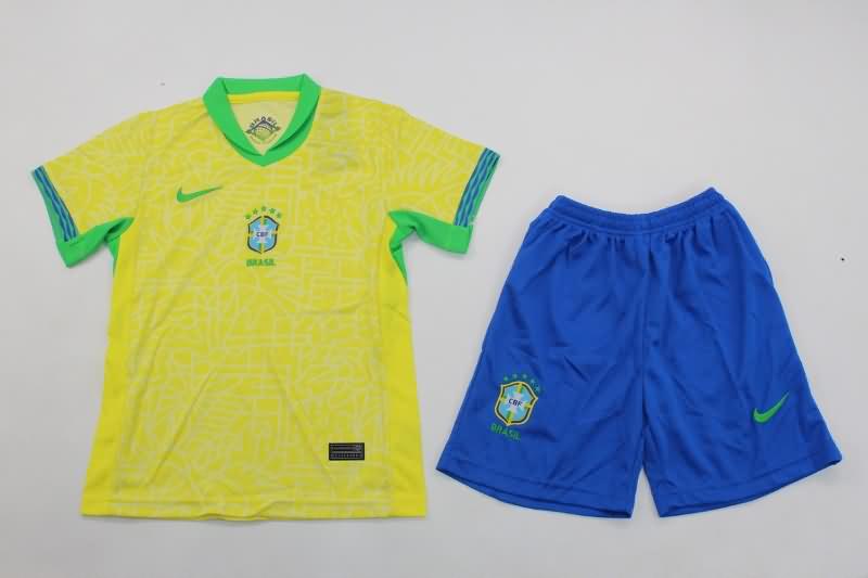 2024 Brazil Copa America Home Kids Soccer Jersey And Shorts