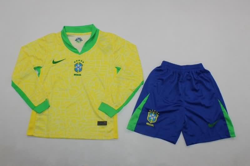 2024 Brazil Copa America Home Long Sleeve Kids Soccer Jersey And Shorts