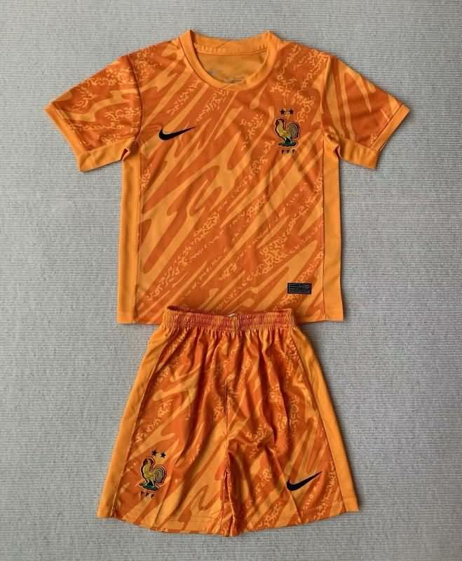 2024 France Goalkeeper Orange Kids Soccer Jersey And Shorts