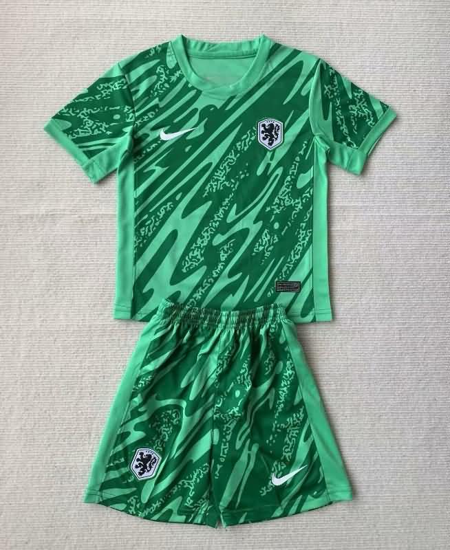 2024 Netherlands Goalkeeper Green Kids Soccer Jersey And Shorts