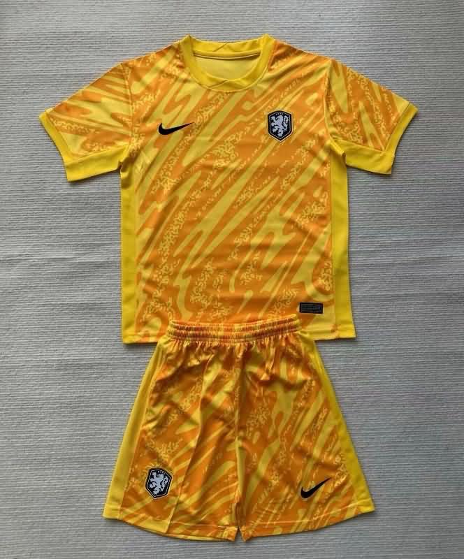 2024 Netherlands Goalkeeper Yellow Kids Soccer Jersey And Shorts