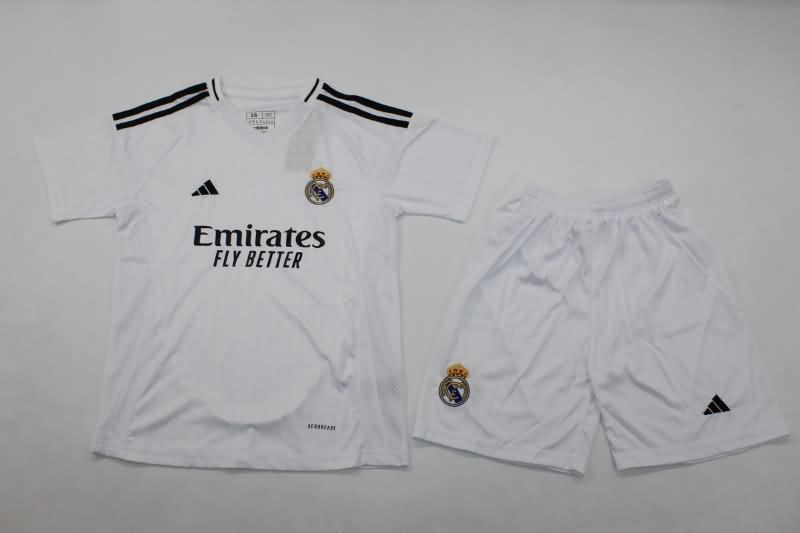 24/25 Real Madrid Home Kids Soccer Jersey And Shorts Leaked