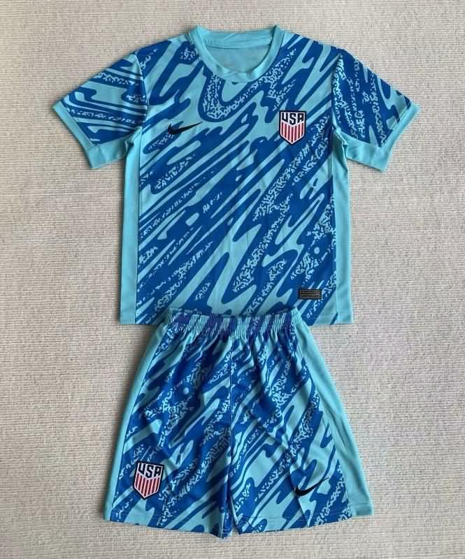 2024 USA Copa America Goalkeeper Blue Kids Soccer Jersey And Shorts