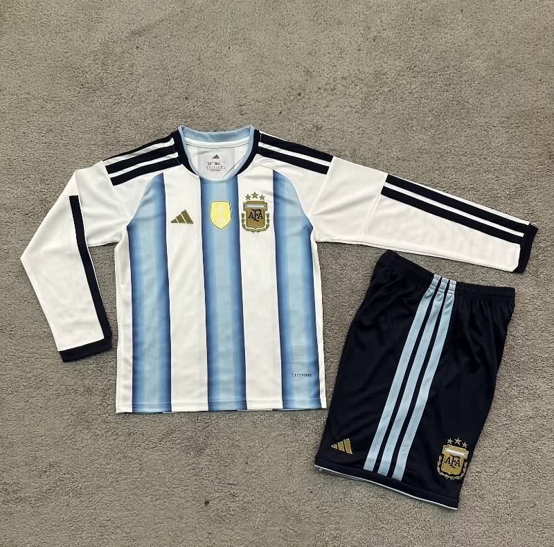 2026 Argentina World Cup Home Long Sleeve Kids Soccer Jersey And Shorts
