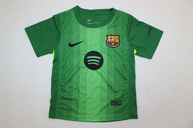 25/26 Barcelona Goalkeeper Green Kids Soccer Jersey And Shorts