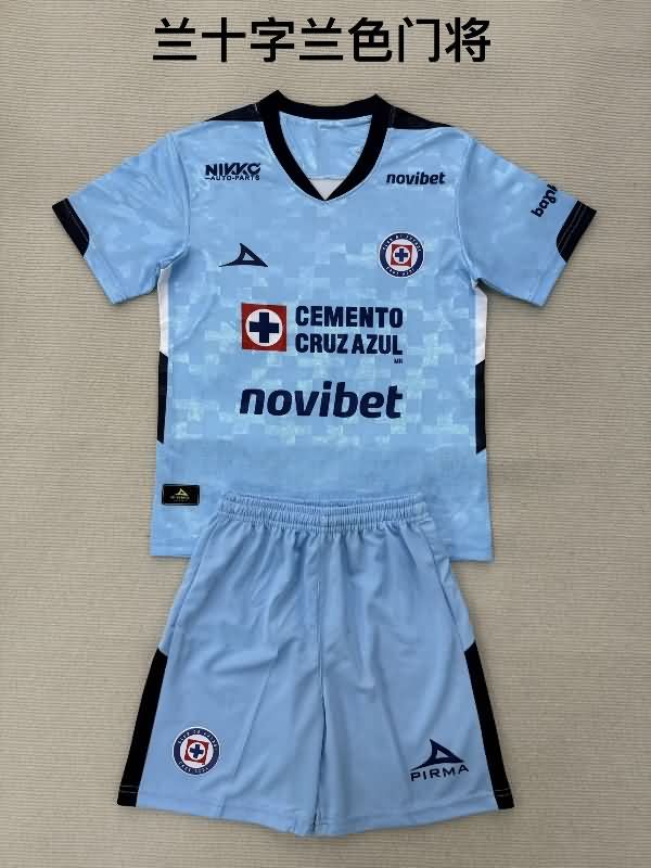 25/26 Cruz Azul Goalkeeper Blue Kids Soccer Jersey And Shorts