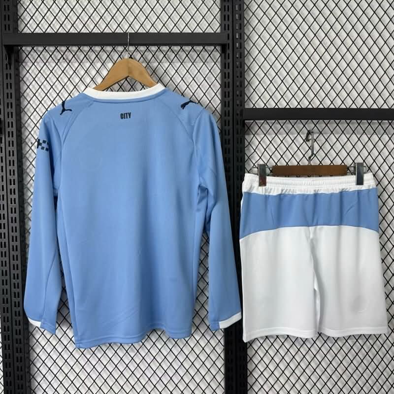 25/26 Manchester City Home Long Sleeve Kids Soccer Jersey And Shorts