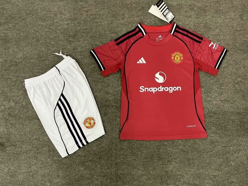 25/26 Manchester United Home Kids Soccer Jersey And Shorts Leaked