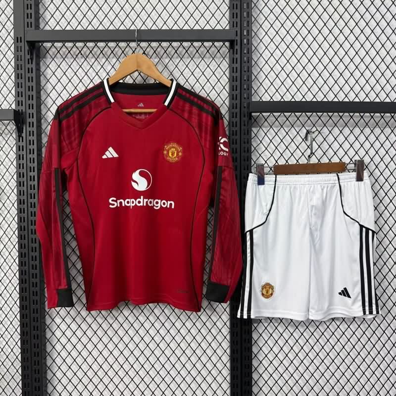 25/26 Manchester United Home Long Sleeve Kids Soccer Jersey And Shorts