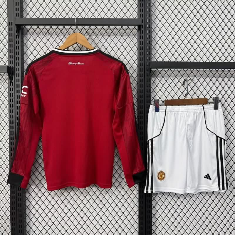 25/26 Manchester United Home Long Sleeve Kids Soccer Jersey And Shorts