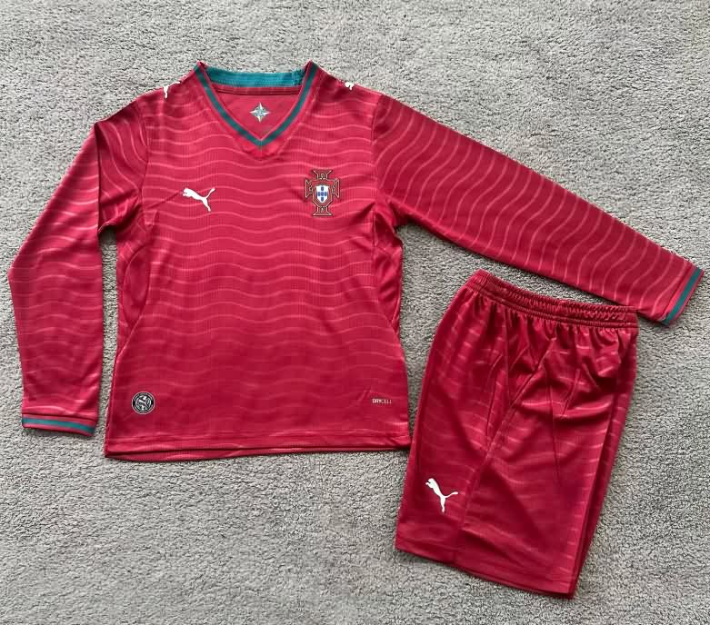 2026 Portugal World Cup Home Long Sleeve Kids Soccer Jersey And Shorts
