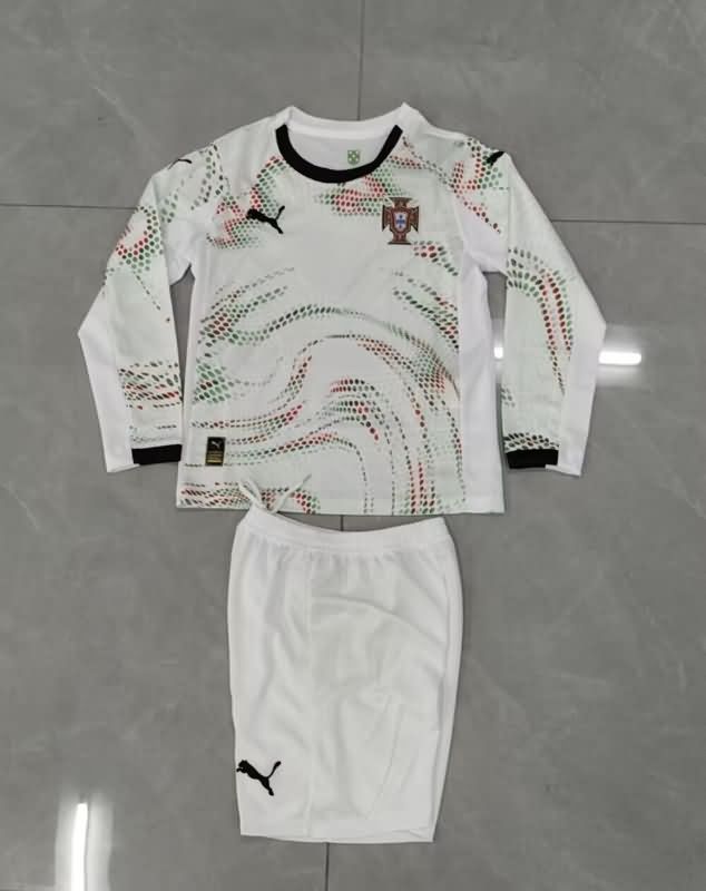 2025 Portugal Away Long Sleeve Kids Soccer Jersey And Shorts