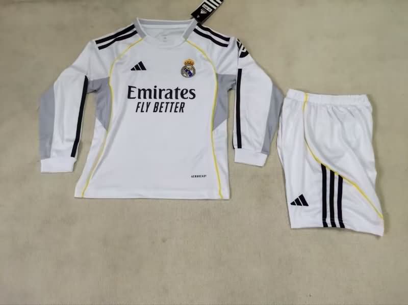 25/26 Real Madrid Home Long Sleeve Kids Soccer Jersey And Shorts