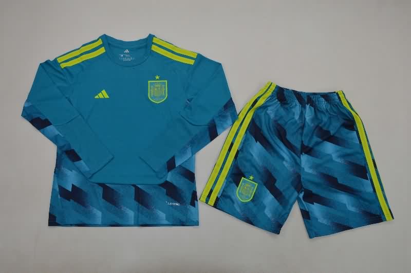 2026 Spain Goalkeeper Blue Long Sleeve Kids Soccer Jersey And Shorts 2026 Spain Goalkeeper Blue Long Sleeve Kids Soccer Jersey And Shorts