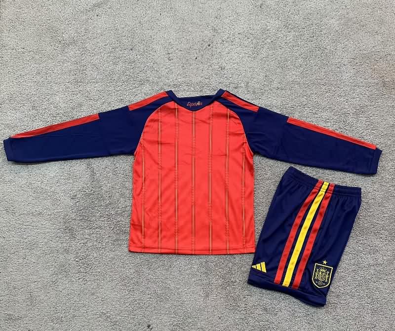 2026 Spain World Cup Home Long Sleeve Kids Soccer Jersey And Shorts