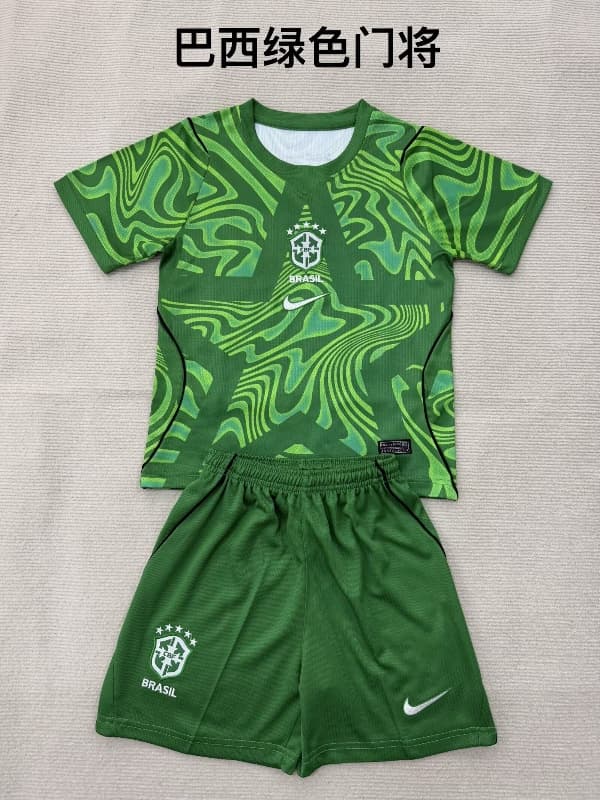 2026 Brazil Goalkeeper Green Kids Soccer Jersey And Shorts
