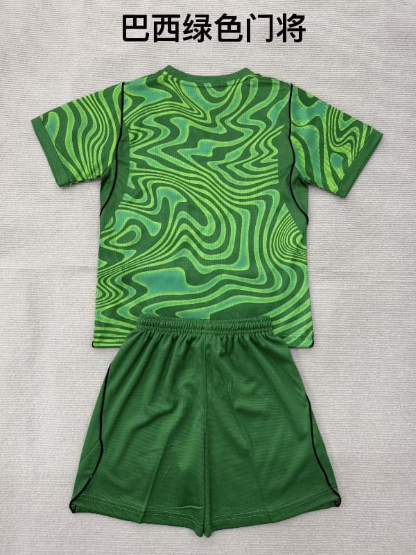 2026 Brazil Goalkeeper Green Kids Soccer Jersey And Shorts