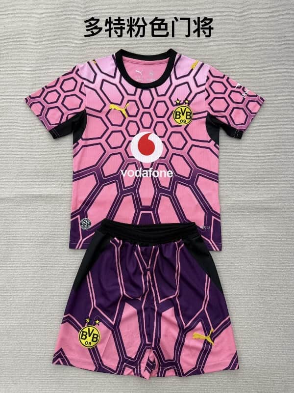 26/27 Dortmund Goalkeeper Pink Kids Soccer Jersey And Shorts