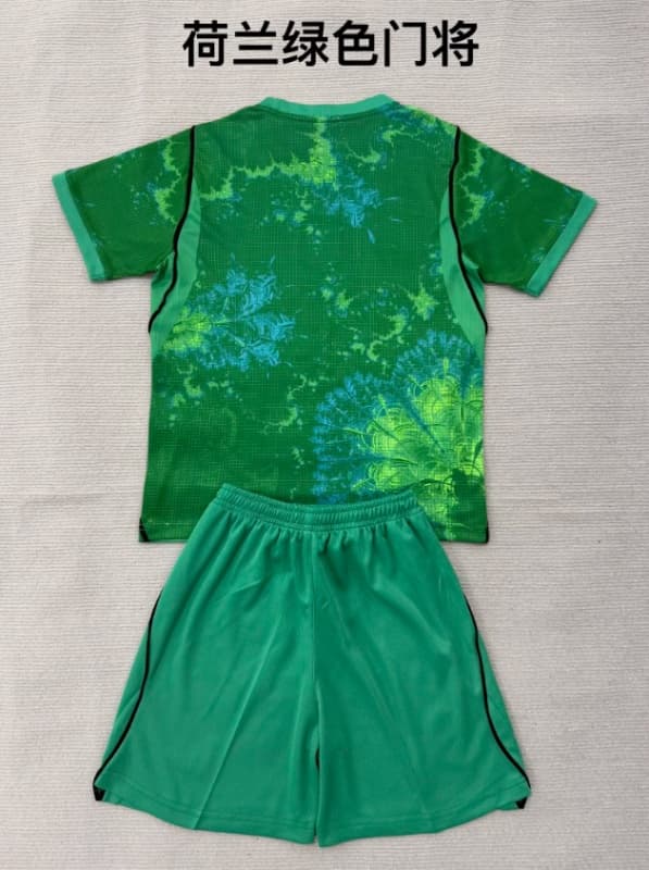 2026 Netherlands Goalkeeper Green Kids Soccer Jersey And Shorts