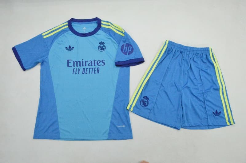 26/27 Real Madrid Goalkeeper Blue Kids Soccer Jersey And Shorts