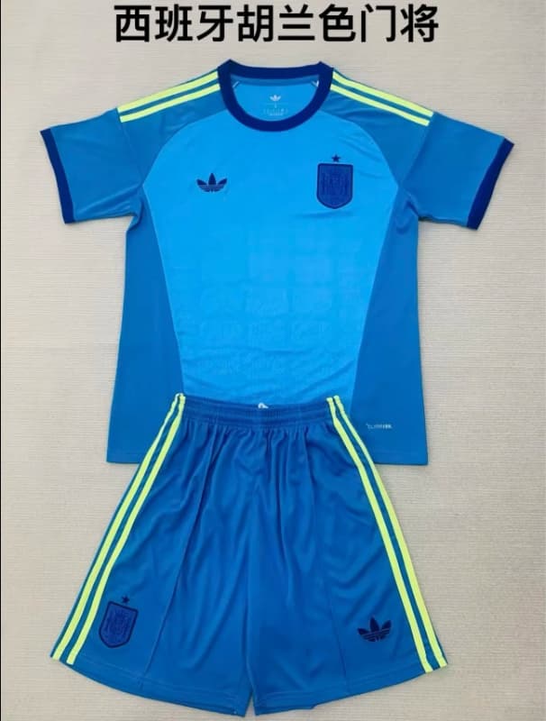 2026 Spain Goalkeeper Blue Kids Soccer Jersey And Shorts 02