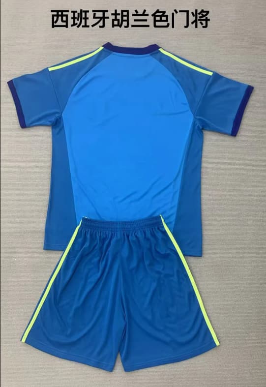 2026 Spain Goalkeeper Blue Kids Soccer Jersey And Shorts 02