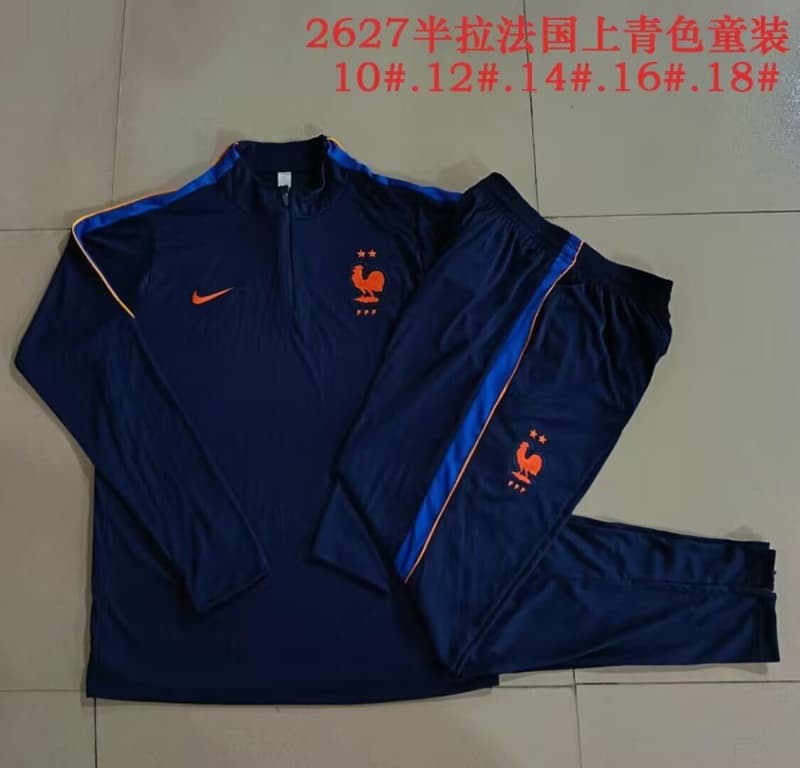 Kids - Thailand Quality(AAA) 2026 France Dark Blue Soccer Tracksuit