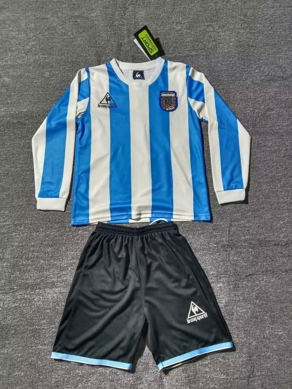 1986 Argentina Home Long Sleeve Kids Soccer Jersey And Shorts